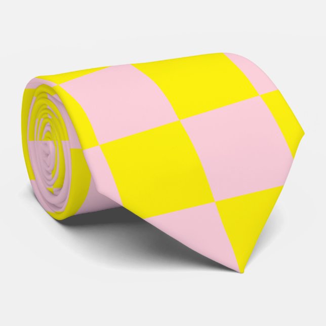 Pastel Pink Yellow Checkered Checkerboard Vintage Neck Tie (Rolled)