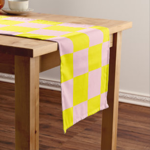 Pastel Pink Yellow Checkered Checkerboard Vintage Short Table Runner