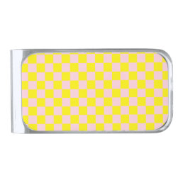 Pastel Pink Yellow Checkered Checkerboard Vintage Silver Finish Money Clip