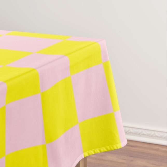 Pastel Pink Yellow Checkered Checkerboard Vintage Tablecloth (In Situ)