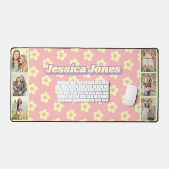 Pastel Pink Yellow Cute Daisy Name Photo Collage Desk Mat (Keyboard & Mouse)