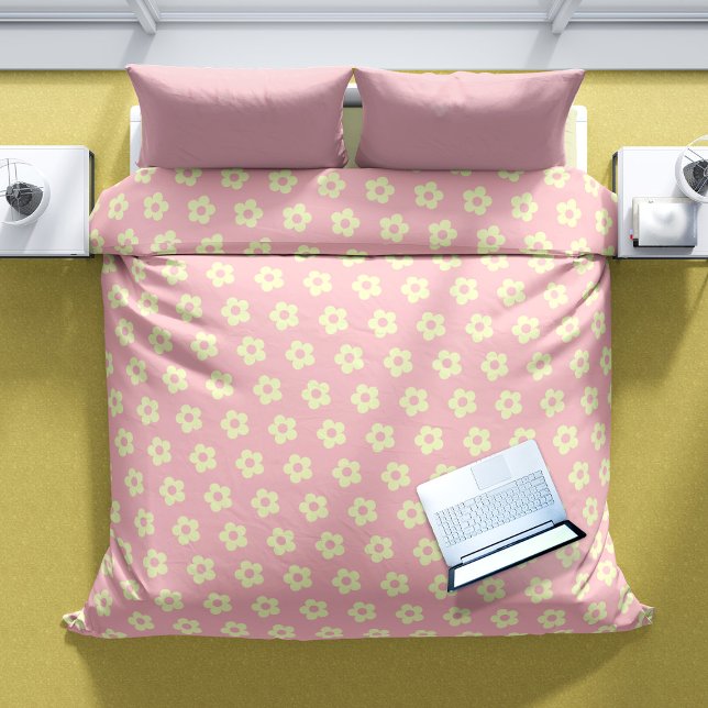 Pastel Pink Yellow Cute Daisy Pattern Duvet Cover (Pink duvet with yellow flower pattern)