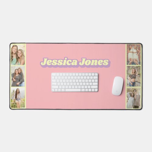 Pastel Pink Yellow Cute Name Photo Collage Desk Mat