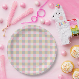 Pastel Pink Yellow Gray Plaid Paper Plates
