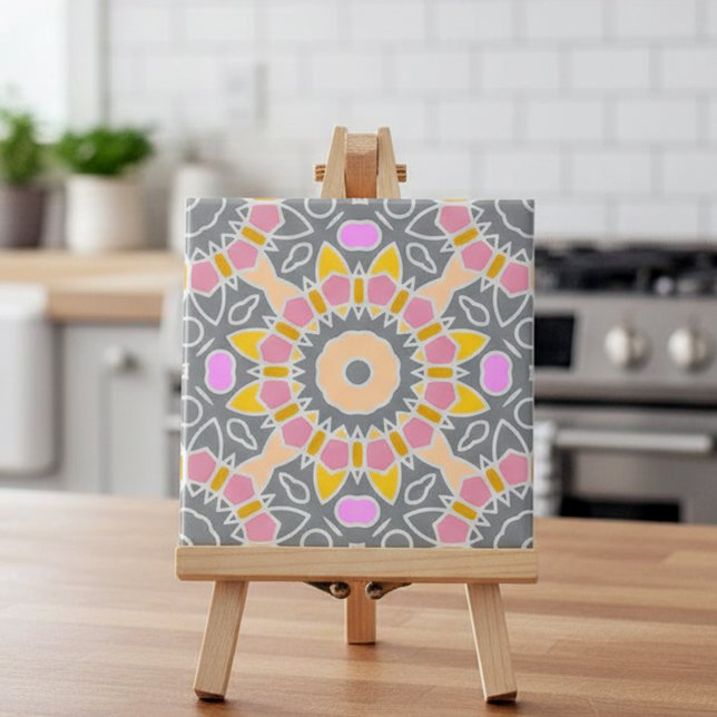Pastel Pink Yellow Grey Ethnic Boho Mosaic Pattern Ceramic Tile (Creator Uploaded)
