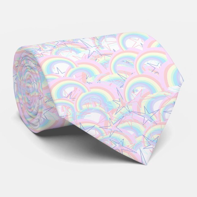 Pastel Pink Yellow Orange, Aqua Rainbow Stars Neck Tie (Rolled)