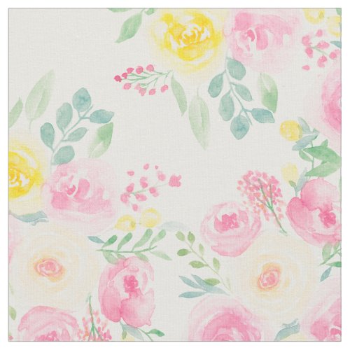 Pastel pink yellow pretty flowers watercolor fabric