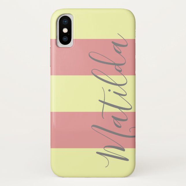 Pastel Pink Yellow Stripe Personalized Name Case-Mate iPhone Case (Back)