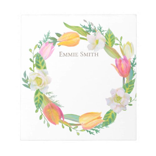 Pastel Pink Yellow White Floral Tulip Wreath Notepad