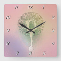 Pastel Pink Yoga Tree Square Wall Clock