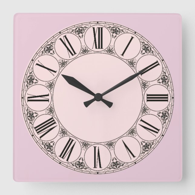 Pastel Pinks Fancy Roman Numeral Face Square Wall Clock (Front)