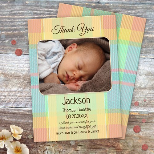 Pastel Plaid Baby Photo Thank You Card