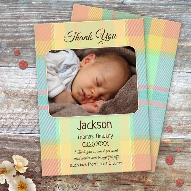 Pastel Plaid Baby Photo Thank You Card (Gender neutral baby Thank You card with a photo of your own baby on a multicolored pastel plaid)
