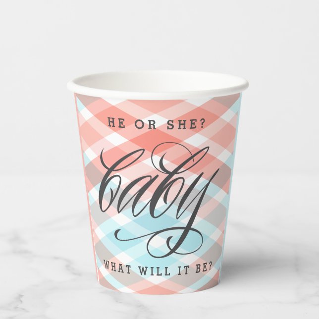 Pastel Plaid Baby Shower Gender Reveal Paper Cups (Front)