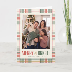 Pastel Plaid Border Merry and Bright Photo Holiday Card