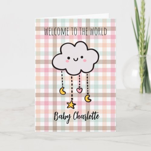 Pastel Plaid Cloud Welcome Baby Girl Card