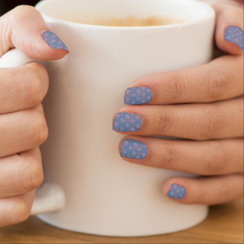 Pastel plaid cute pink heart pattern on blue minx nail art