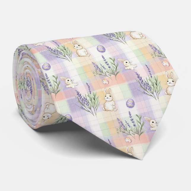 Pastel Plaid Easter Bunny Pattern Neck Tie (Rolled)