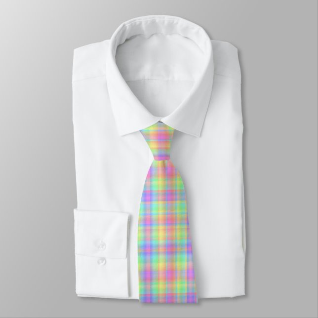 Pastel Plaid Men's Yellow Blue Green Purple Neck Tie (Tied)