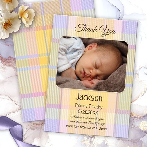 Pastel Plaid Neutral Baby Photo Thank You Card