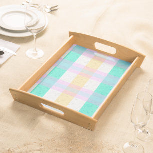 Pastel Plaid Pattern in Pink Teal Yellow Serving Tray