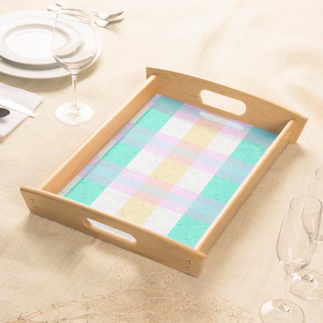 Pastel Plaid Pattern in Pink Teal Yellow Serving Tray (Front)
