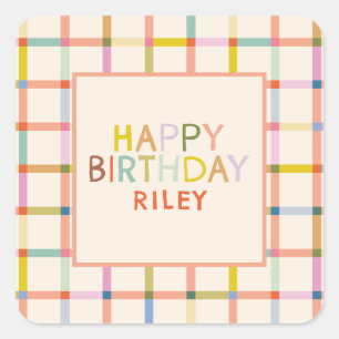 Pastel Plaid Personalized Birthday Cute party Square Sticker