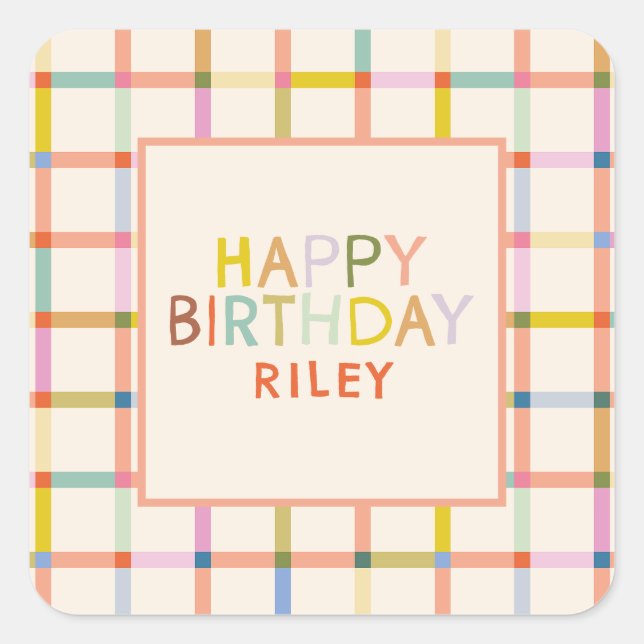 Pastel Plaid Personalized Birthday Cute party Square Sticker (Front)