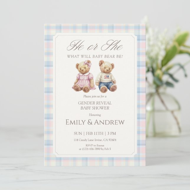 Pastel Plaid Teddy Bear Gender Reveal Baby Shower Invitation (Standing Front)