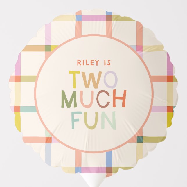 Pastel Plaid "Two Much Fun" 2nd Birthday Custom Balloon (Front)