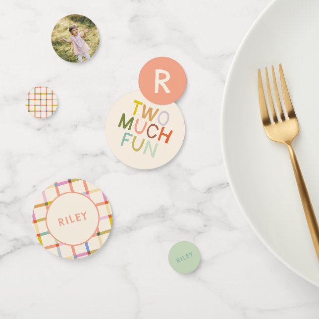 Pastel Plaid "Two Much Fun" 2nd Birthday Custom Confetti (Group)