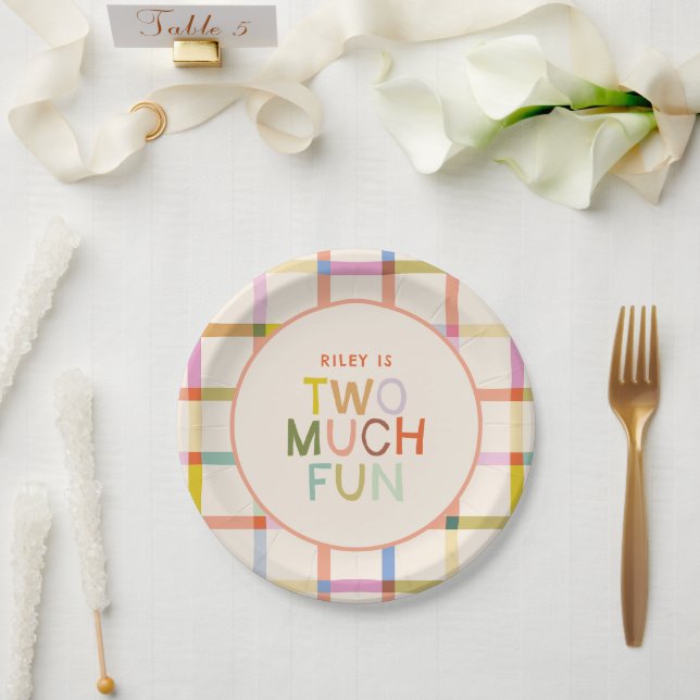 Pastel Plaid "Two Much Fun" 2nd Birthday Custom Paper Plates (Wedding)