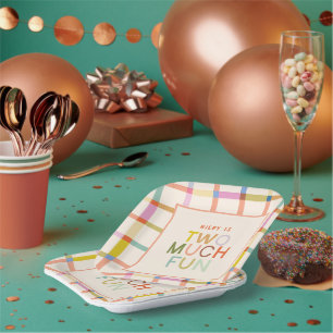 Pastel Plaid "Two Much Fun" 2nd Birthday Custom Paper Plates