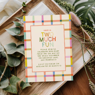 Pastel Plaid "Two Much Fun" 2nd Birthday Invitation