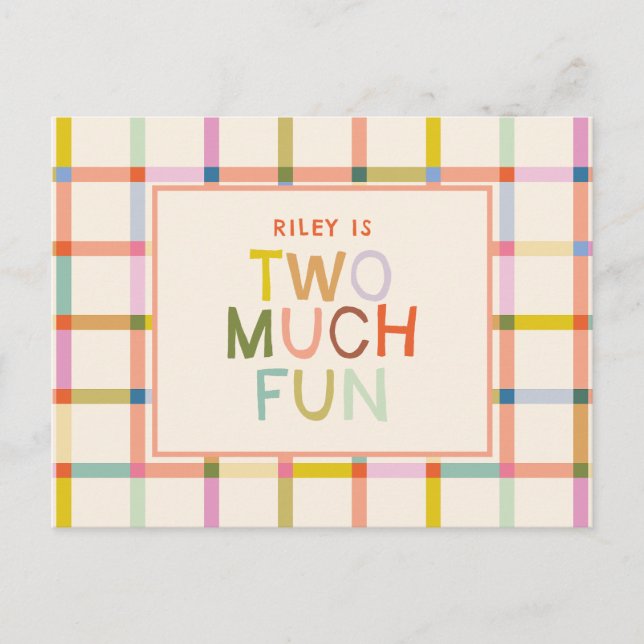 Pastel Plaid "Two Much Fun" 2nd Birthday Invitation Postcard (Front)