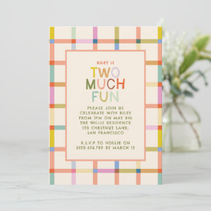 Pastel Plaid "Two Much Fun" 2nd Birthday photo Invitation