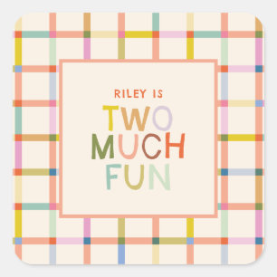 Pastel Plaid "Two Much Fun" 2nd Birthday Square Sticker