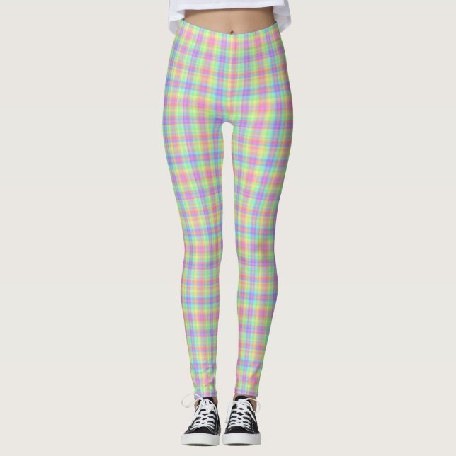 Pastel Plaid Yellow Blue Pink Green Purple Leggings (Front)