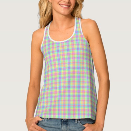 Pastel Plaid Yellow Blue Pink Green Purple Womens Tank Top