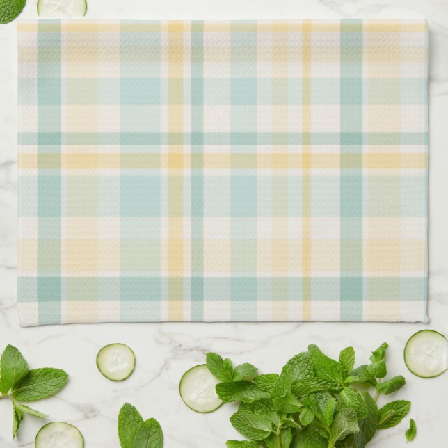 Pastel Plaid - yellow teal cream Kitchen Towel (Folded)