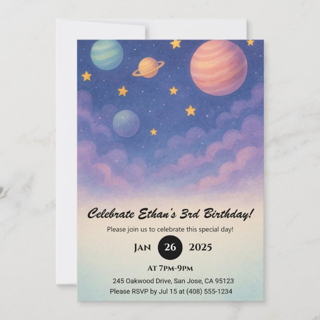 Pastel Planets in the Night Sky Birthday  Invitation (Front)