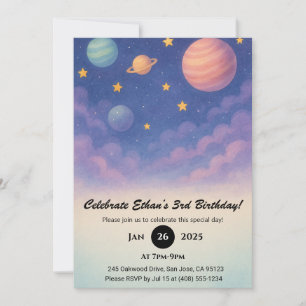 Pastel Planets in the Night Sky Birthday Invitation