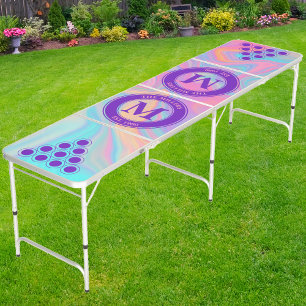 Pastel Playful Holographic Family Monogram & Name Beer Pong Table