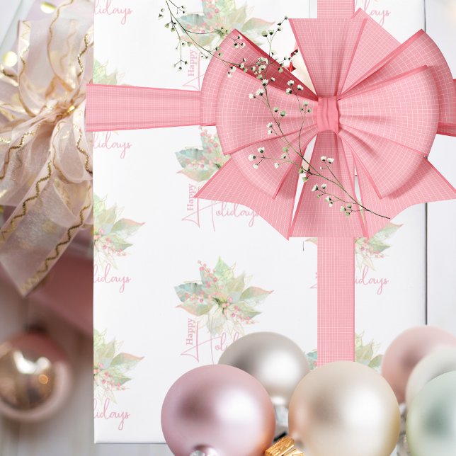 Pastel Poinsettia Happy Holidays Pink Gold Sage Wrapping Paper (Creator Uploaded)