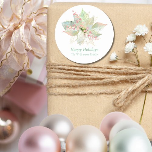 Pastel Poinsettia Happy Holidays Pink Gold Sweet  Classic Round Sticker