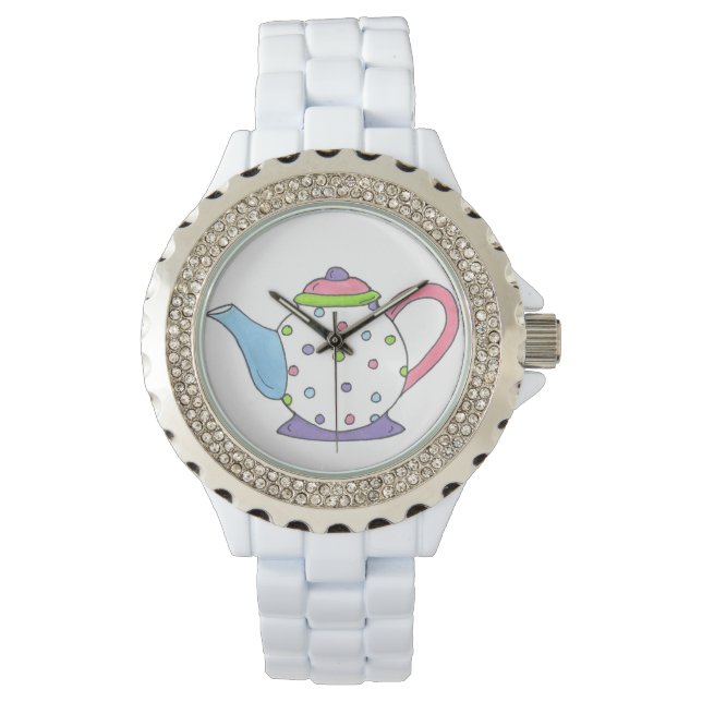 Pastel Polka Dot Ceramic Tea Pot Party Teapot Watch (Front)