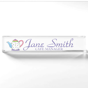 Pastel Polka Dot Teapot Tea Pot Cafe Desk Name Plate