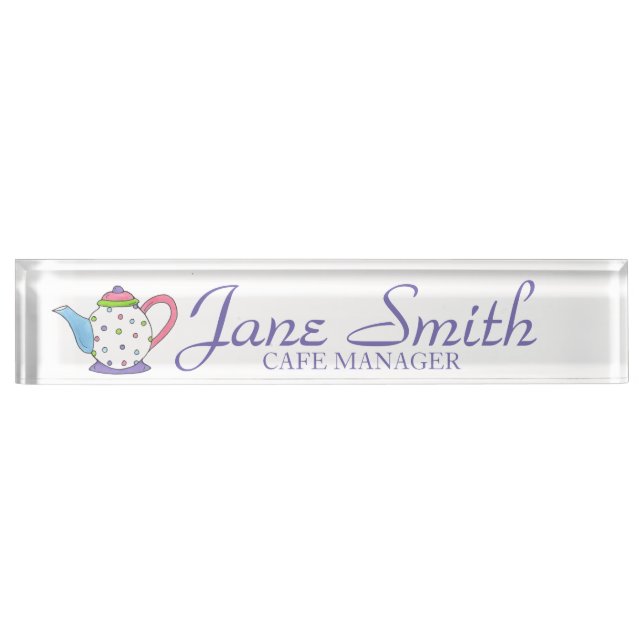 Pastel Polka Dot Teapot Tea Pot Cafe Desk Name Plate (Front)