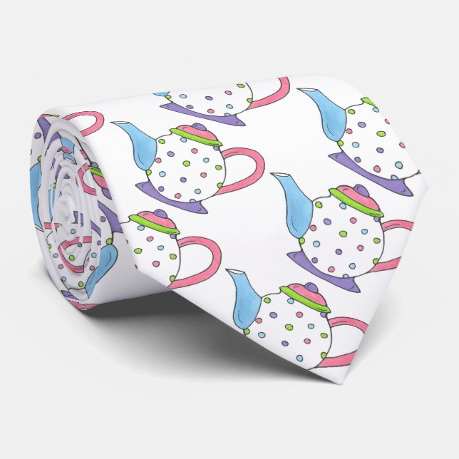 Pastel Polka Dot Teapot Tea Pot Drinking Party Tie (Rolled)