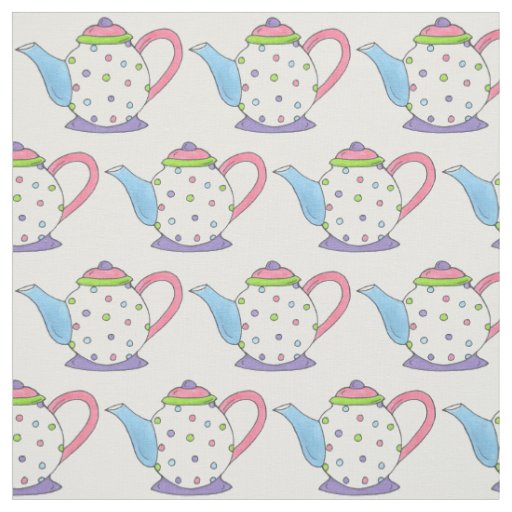 Pastel Polka Dot Teapots Tea Party Pink Purple Fabric